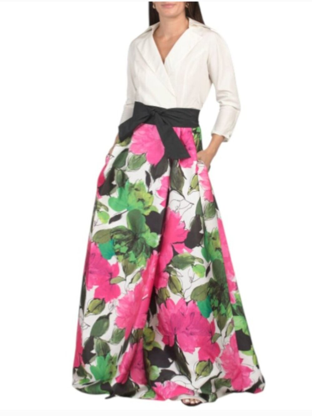 Teri Jon Taffeta Faille Floral Mikado Shirt Waist Gown | PINK SIZE 2